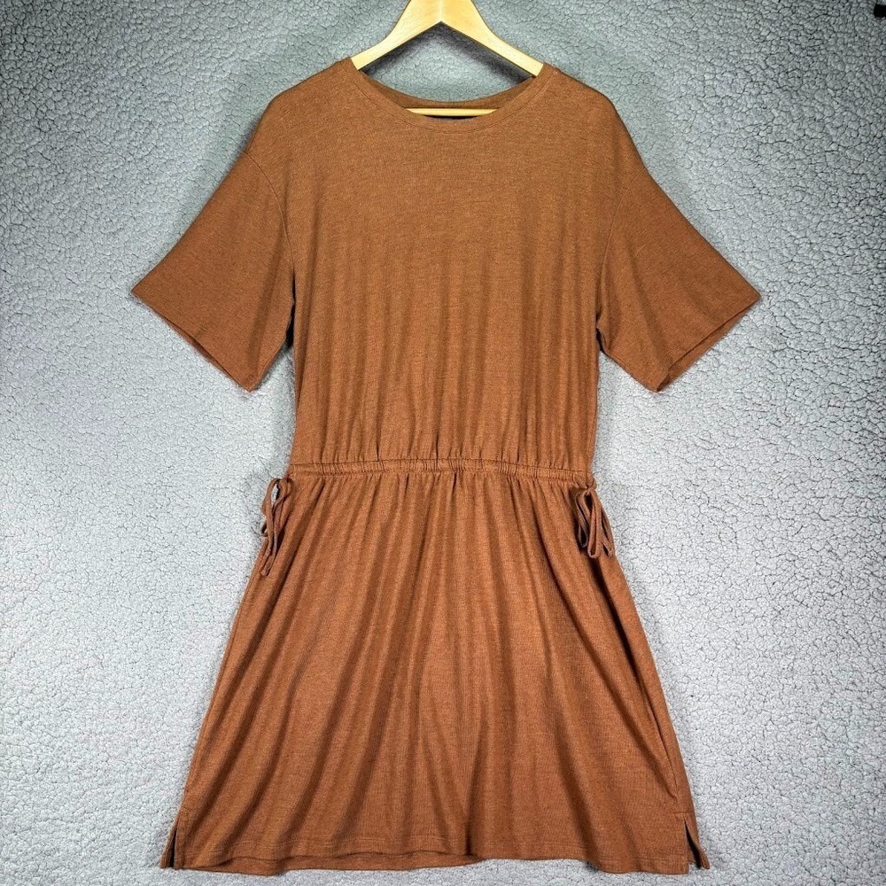 Old Navy Linen Blend Dress L Brown Short Sleeve Drawstring Stretch Elastic Waist
